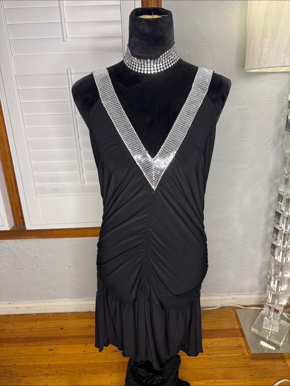Black V-Neck Dress with Silver Trim